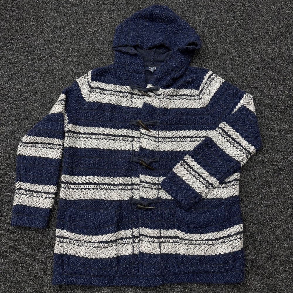 Chaps Navy Cream Striped Hooded Toggle Cardigan Coat Sweater Jacket Large Womens